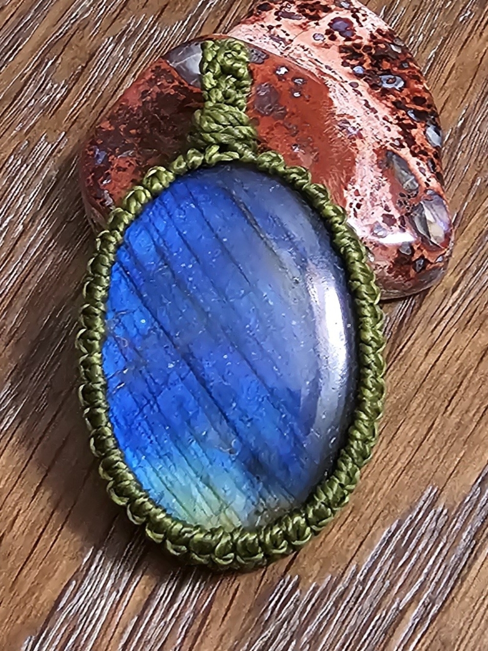 Handcrafted Blue Labradorite Pendant Necklace with Olive Cord